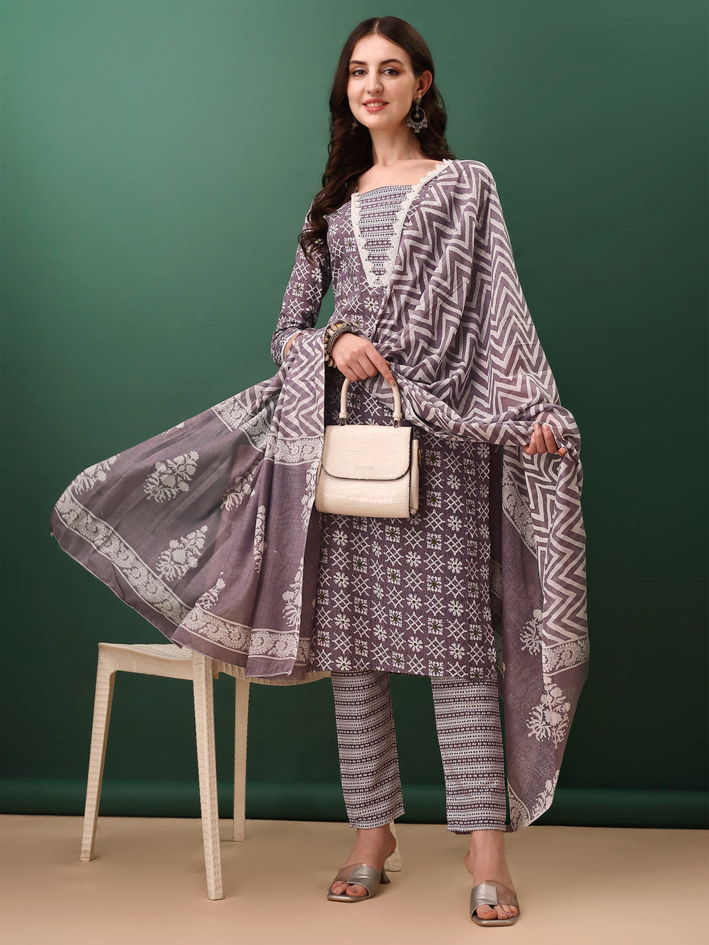 Ethnic Motifs Printed Kurta With Lace Detailing And Pant & Dupatta, Lavender - Hiral Fashion - Distacart