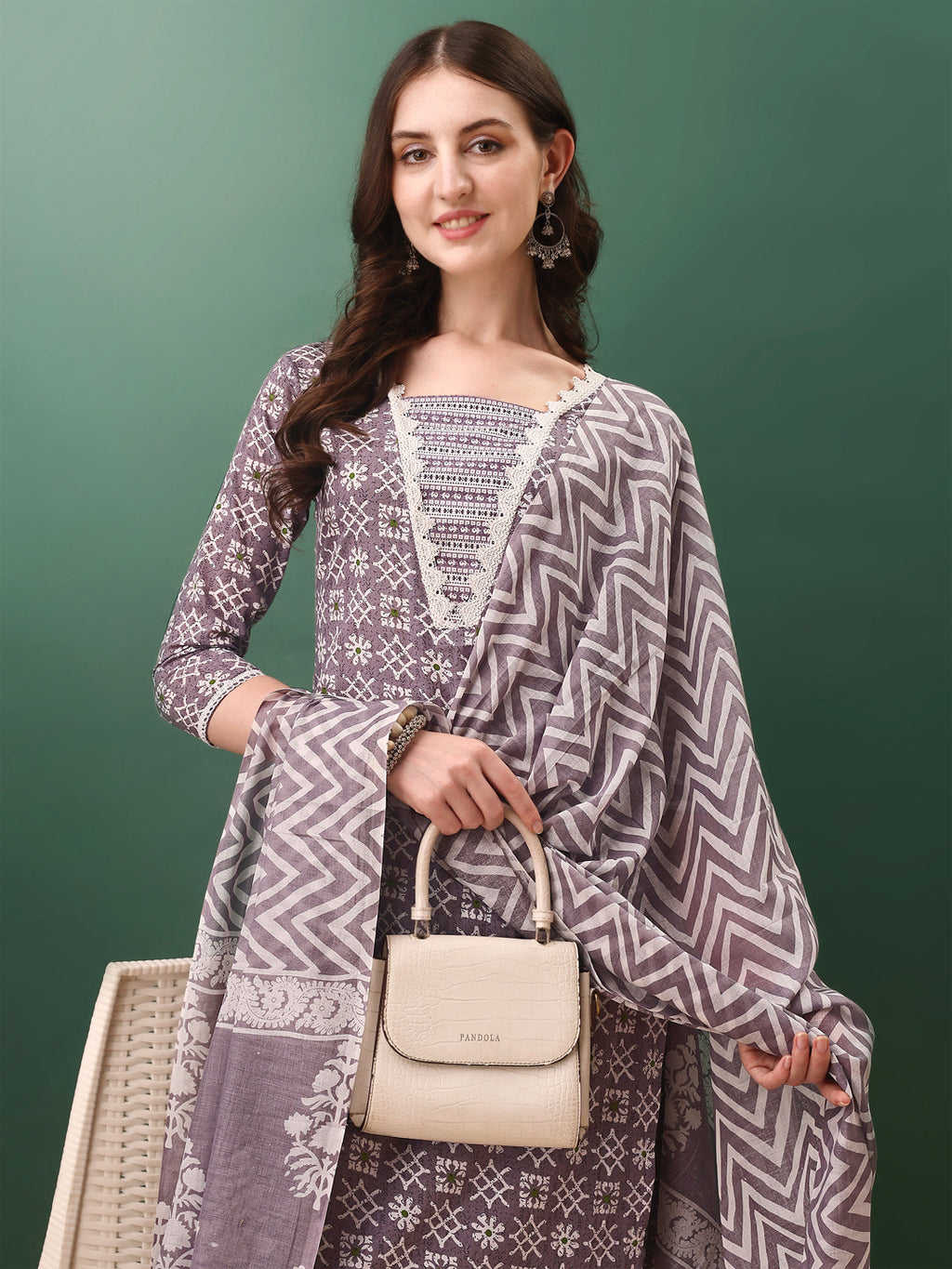 Ethnic Motifs Printed Kurta With Lace Detailing And Pant & Dupatta, Lavender - Hiral Fashion - Distacart