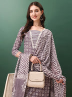 Ethnic Motifs Printed Kurta With Lace Detailing And Pant & Dupatta, Lavender - Hiral Fashion - Distacart