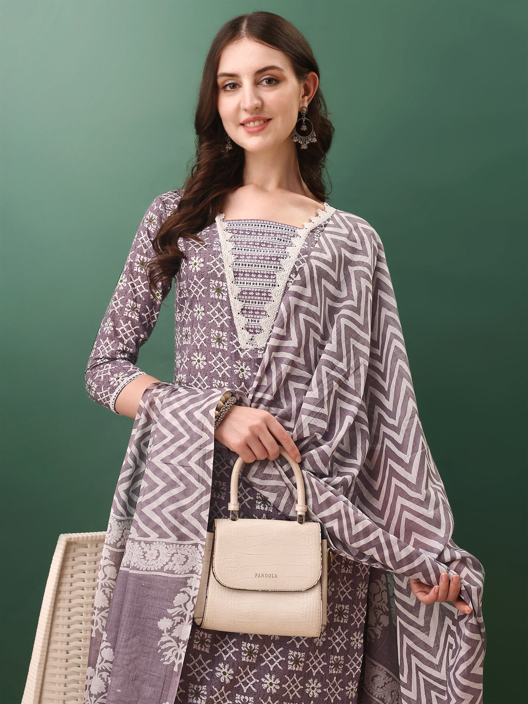 Ethnic Motifs Printed Kurta With Lace Detailing And Pant & Dupatta, Lavender - Hiral Fashion - Distacart