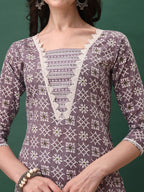 Ethnic Motifs Printed Kurta With Lace Detailing And Pant & Dupatta, Lavender - Hiral Fashion - Distacart