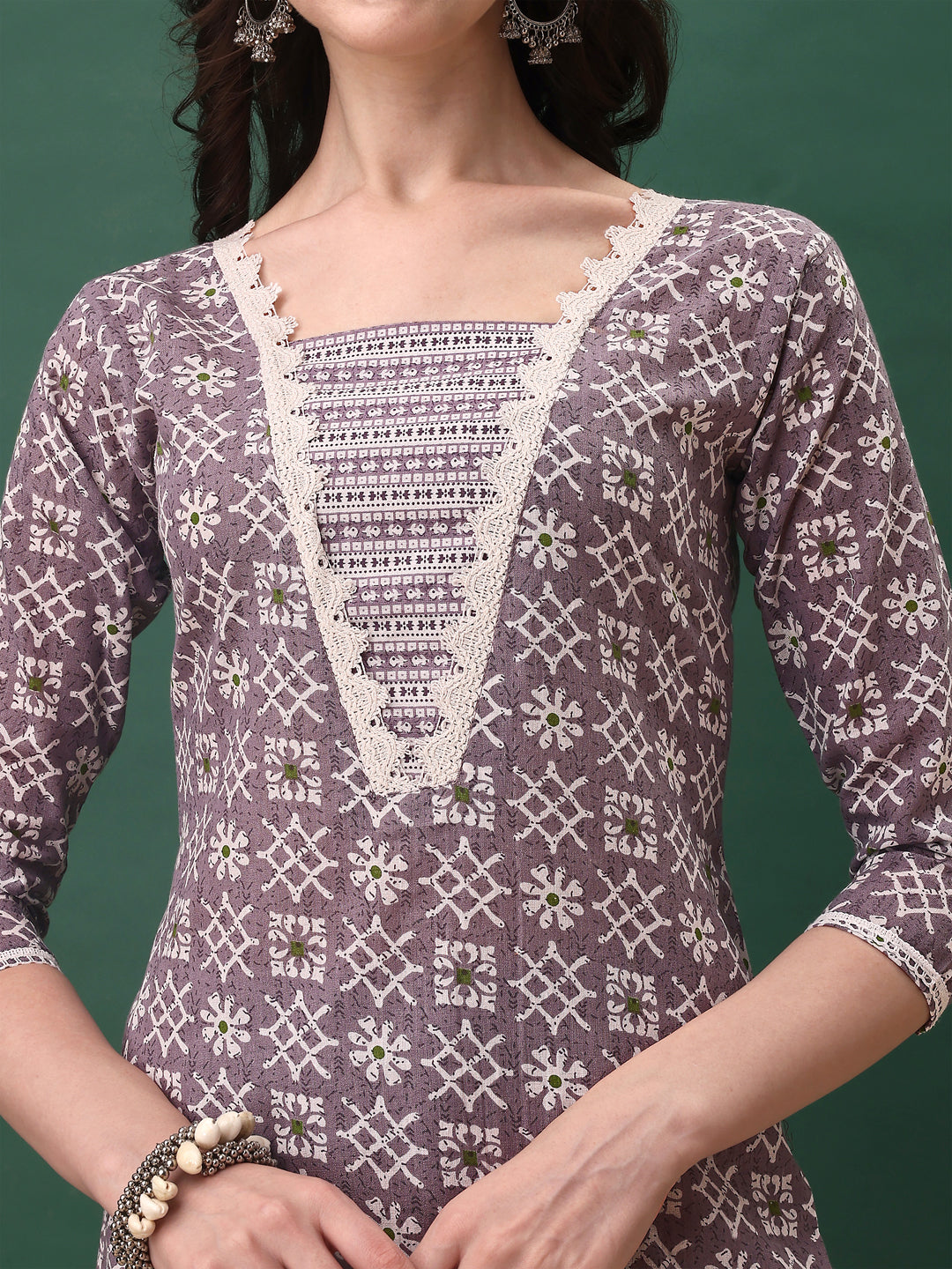 Ethnic Motifs Printed Kurta With Lace Detailing And Pant & Dupatta, Lavender - Hiral Fashion - Distacart