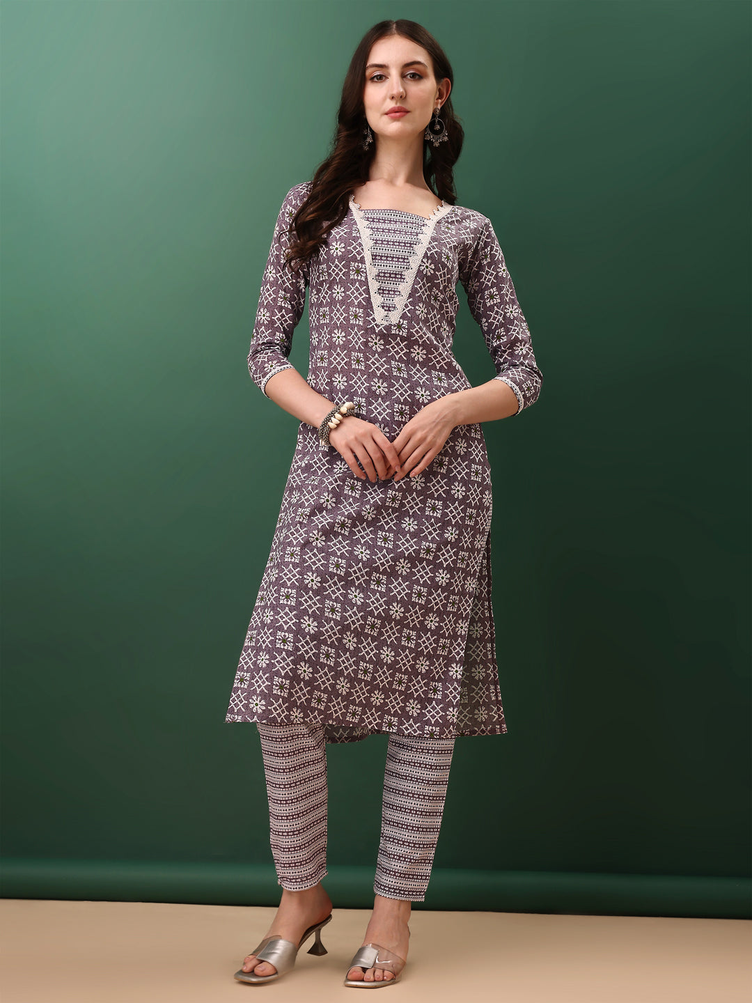 Ethnic Motifs Printed Kurta With Lace Detailing And Pant & Dupatta, Lavender - Hiral Fashion - Distacart