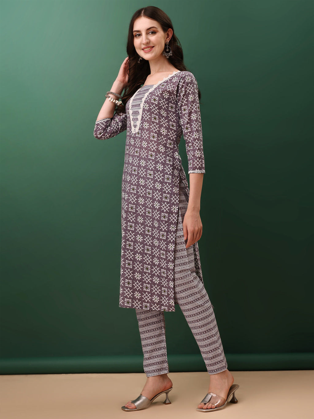 Ethnic Motifs Printed Kurta With Lace Detailing And Pant & Dupatta, Lavender - Hiral Fashion - Distacart