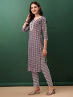 Ethnic Motifs Printed Kurta With Lace Detailing And Pant & Dupatta, Lavender - Hiral Fashion - Distacart