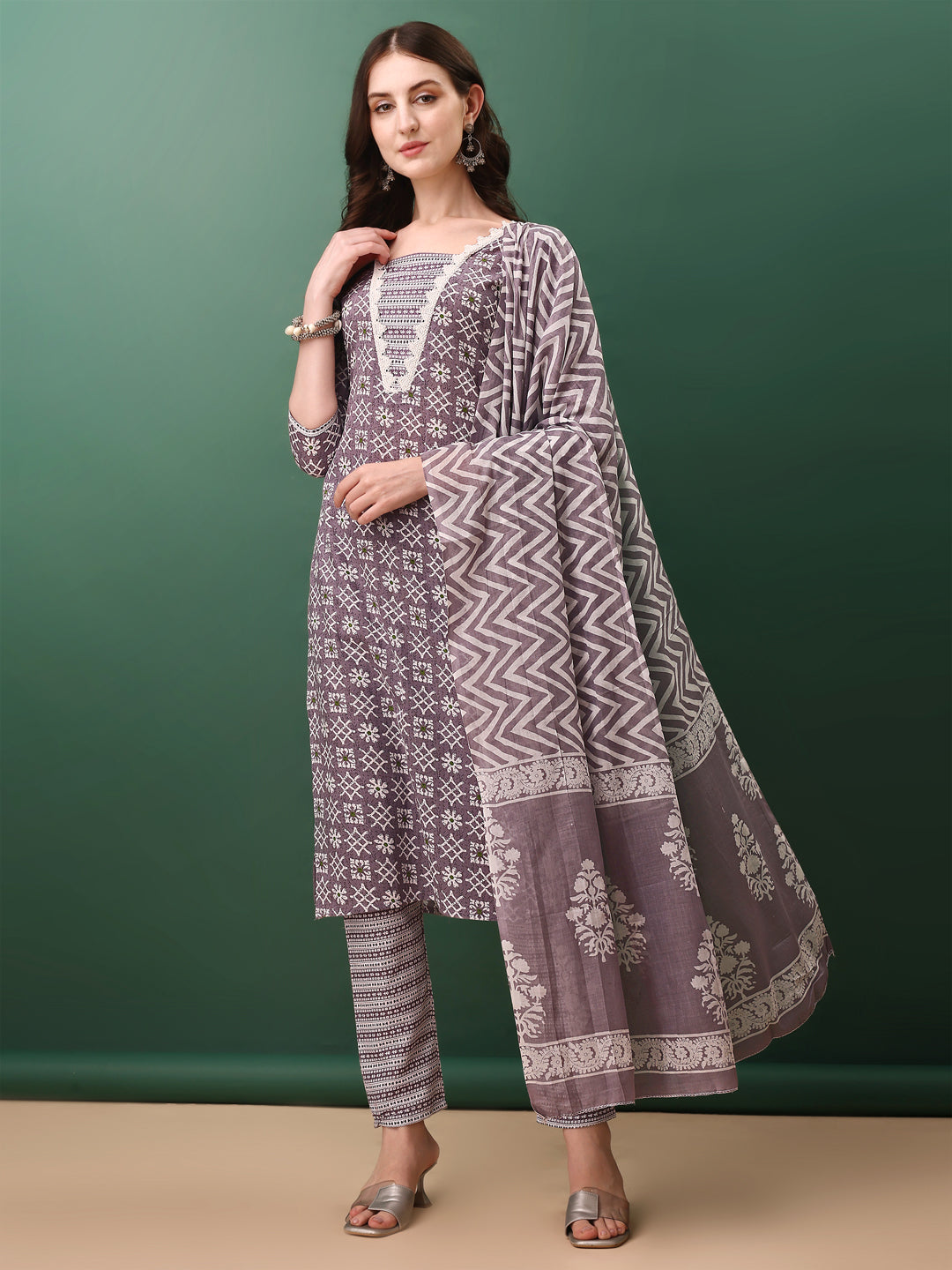 Ethnic Motifs Printed Kurta With Lace Detailing And Pant & Dupatta, Lavender - Hiral Fashion - Distacart