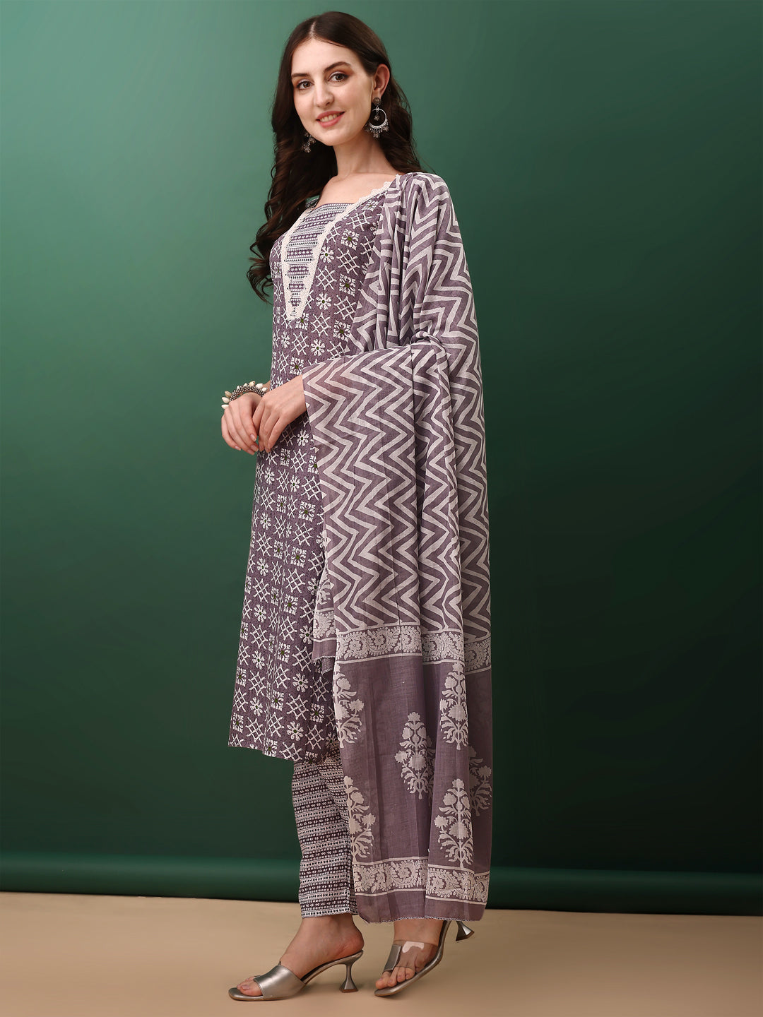 Ethnic Motifs Printed Kurta With Lace Detailing And Pant & Dupatta, Lavender - Hiral Fashion - Distacart