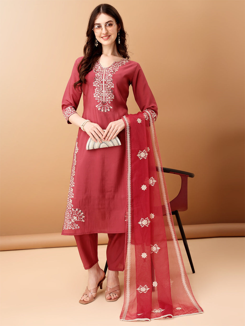 Embroidered Kurta With Pant & Embroidered Dupatta, Pink - Hiral Fashion - Distacart
