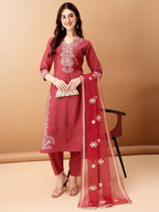 Embroidered Kurta With Pant & Embroidered Dupatta, Pink - Hiral Fashion - Distacart