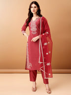 Embroidered Kurta With Pant & Embroidered Dupatta, Pink - Hiral Fashion - Distacart