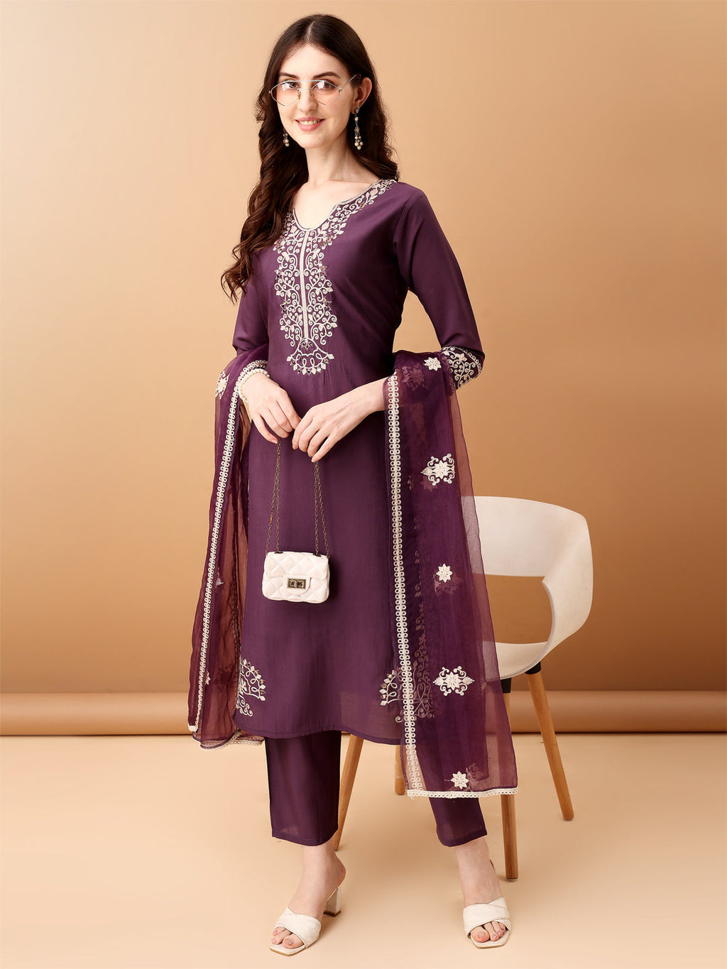Embroidered Kurta With Pant & Embroidered Dupatta, Purple - Hiral Fashion - Distacart