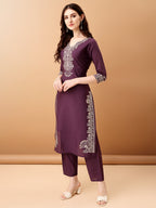 Embroidered Kurta With Pant & Embroidered Dupatta, Purple - Hiral Fashion - Distacart