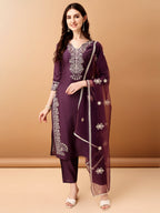 Embroidered Kurta With Pant & Embroidered Dupatta, Purple - Hiral Fashion - Distacart