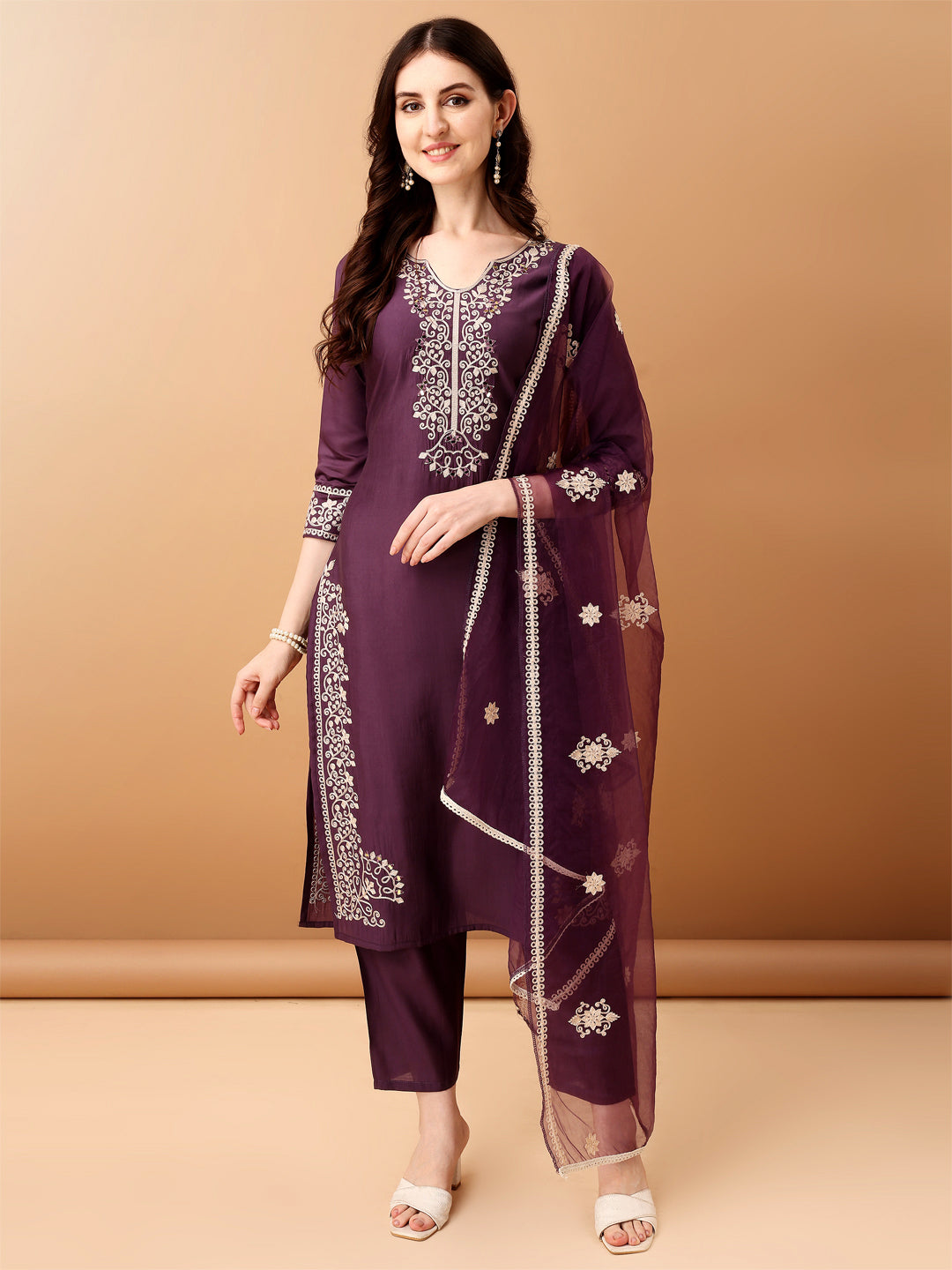Embroidered Kurta With Pant & Embroidered Dupatta, Purple - Hiral Fashion - Distacart