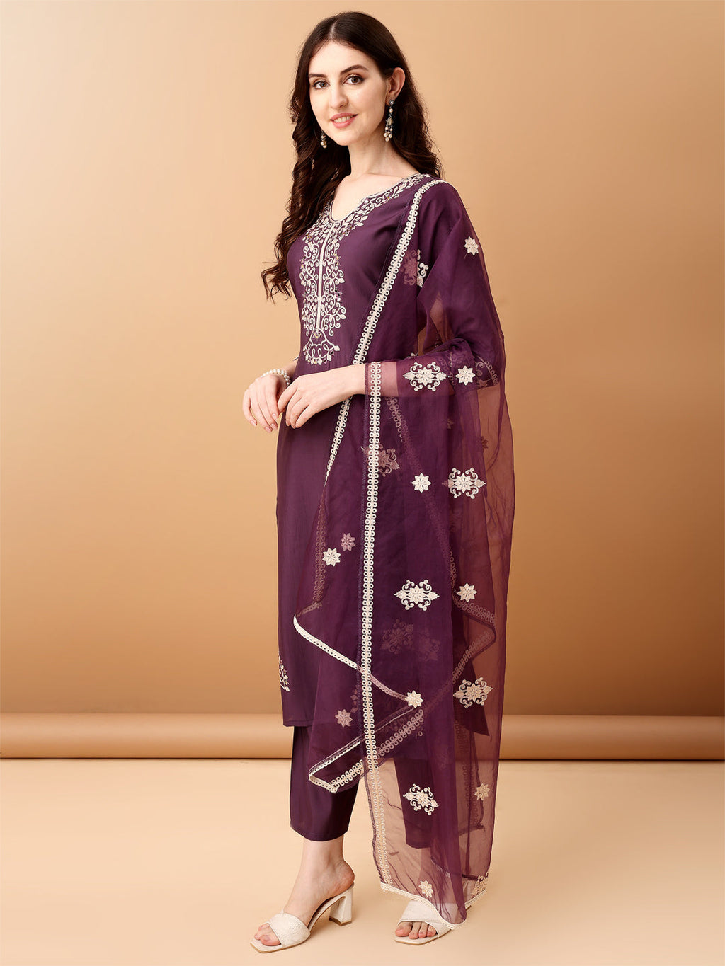 Embroidered Kurta With Pant & Embroidered Dupatta, Purple - Hiral Fashion - Distacart