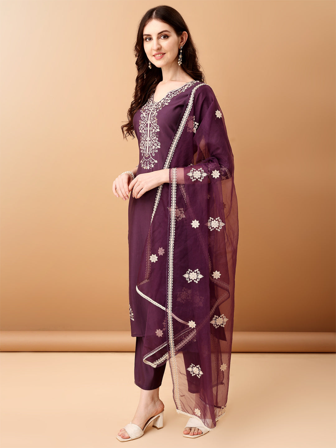 Embroidered Kurta With Pant & Embroidered Dupatta, Purple - Hiral Fashion - Distacart