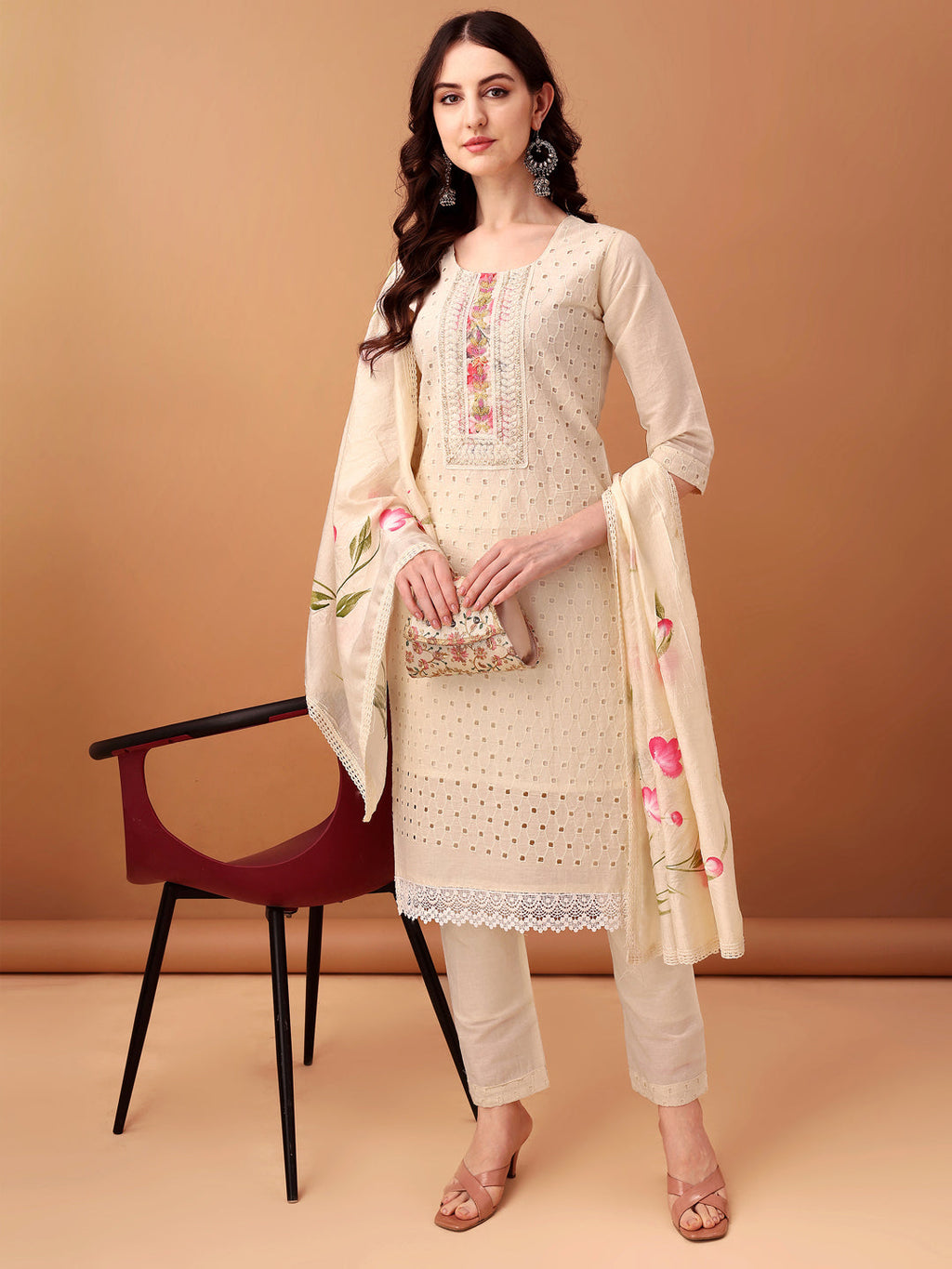 Schiffli & Embroidered Kurta With Pant & Dupatta, Cream - Hiral Fashion - Distacart