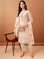 Schiffli & Embroidered Kurta With Pant & Dupatta, Cream - Hiral Fashion - Distacart