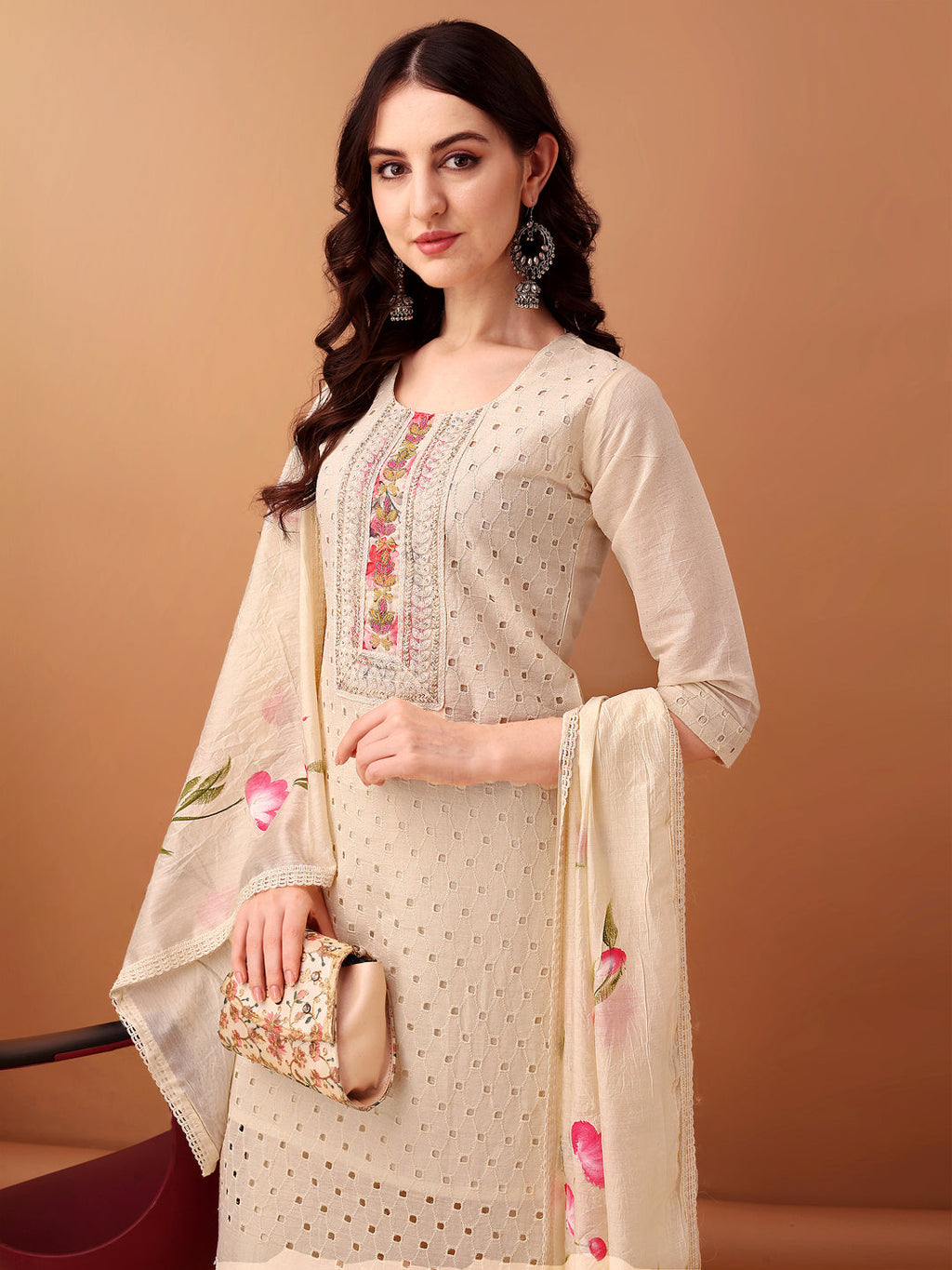 Schiffli & Embroidered Kurta With Pant & Dupatta, Cream - Hiral Fashion - Distacart
