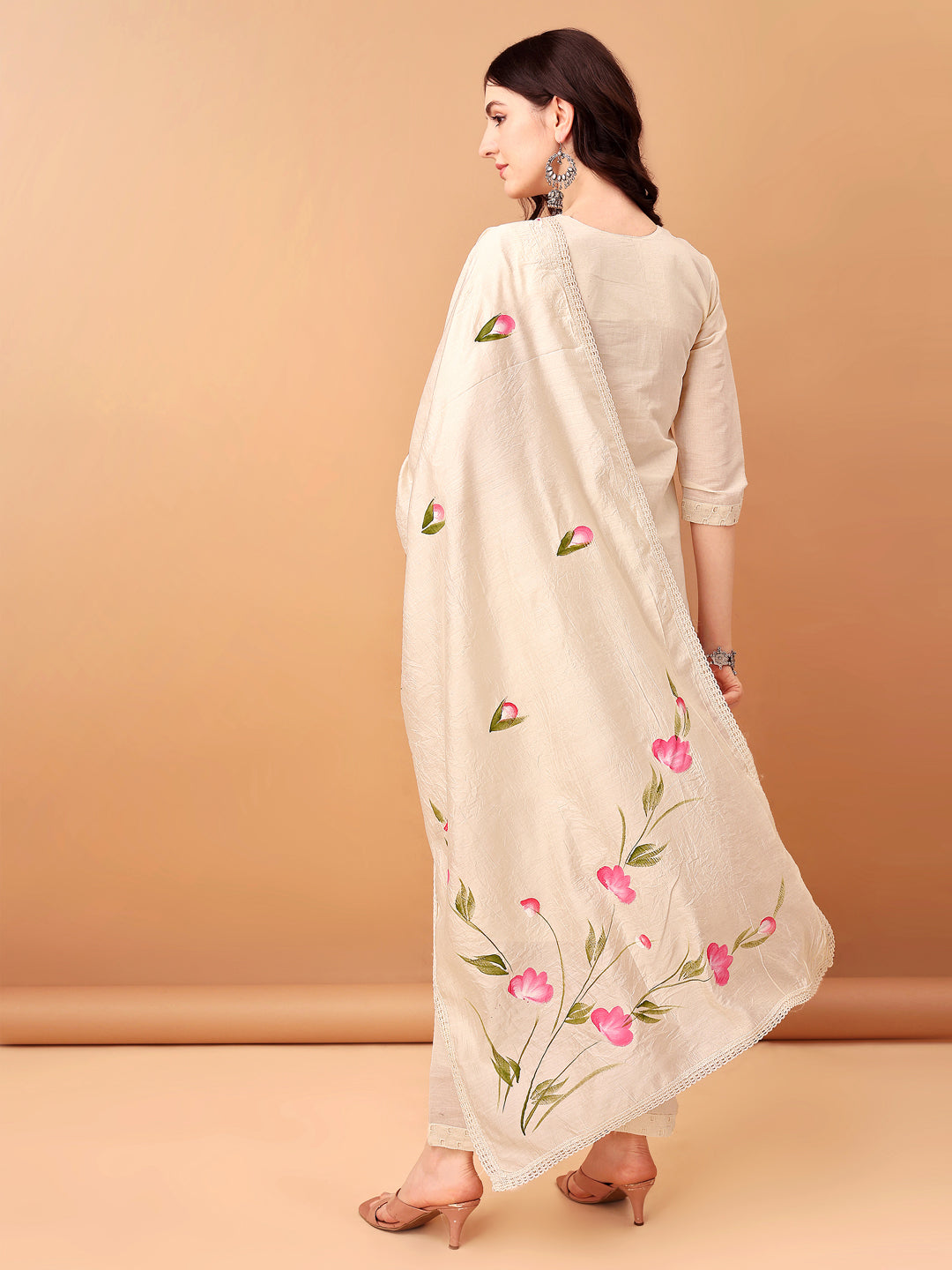 Schiffli & Embroidered Kurta With Pant & Dupatta, Cream - Hiral Fashion - Distacart