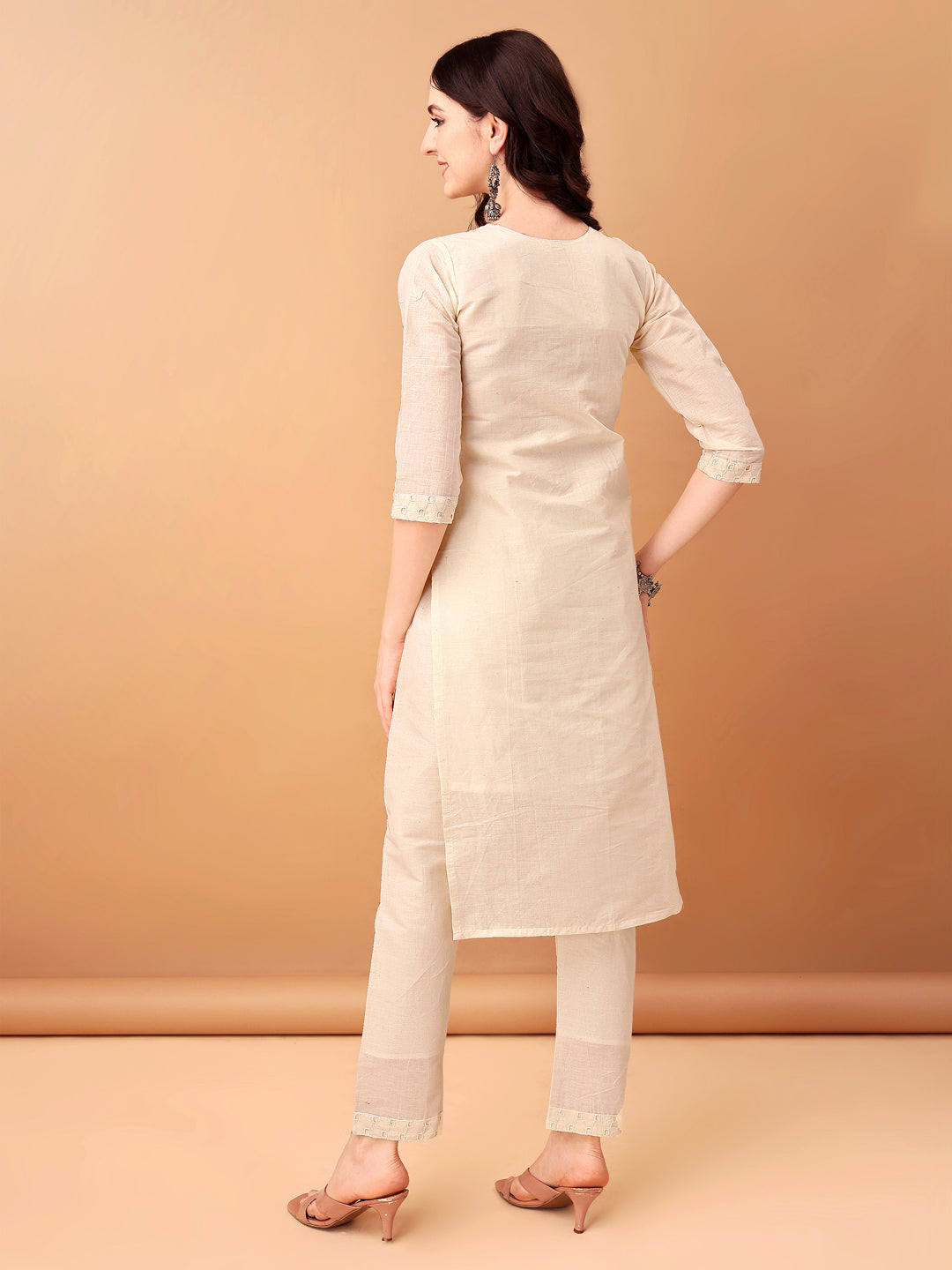 Schiffli & Embroidered Kurta With Pant & Dupatta, Cream - Hiral Fashion - Distacart