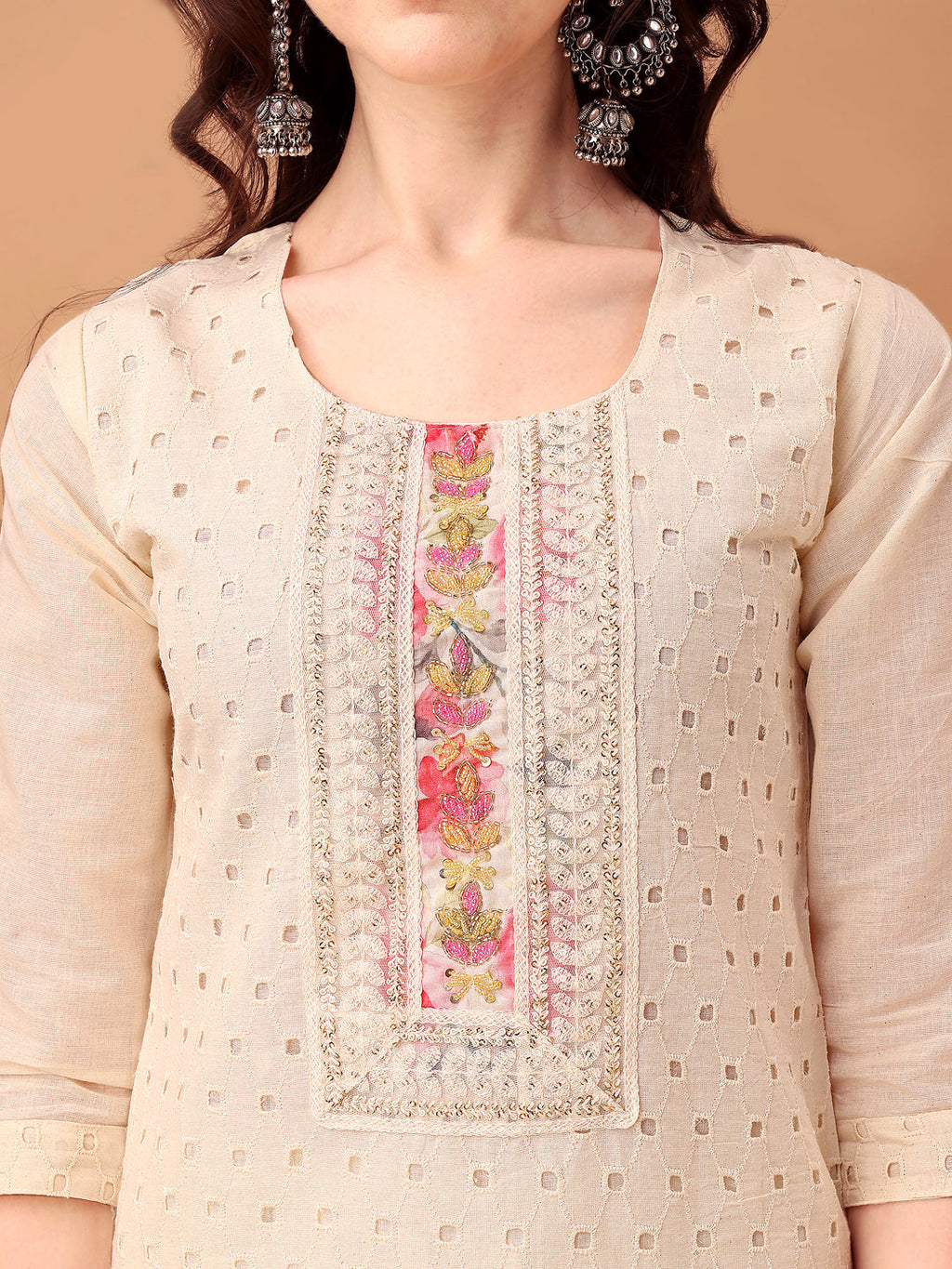 Schiffli & Embroidered Kurta With Pant & Dupatta, Cream - Hiral Fashion - Distacart