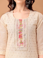Schiffli & Embroidered Kurta With Pant & Dupatta, Cream - Hiral Fashion - Distacart