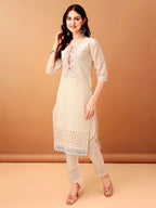 Schiffli & Embroidered Kurta With Pant & Dupatta, Cream - Hiral Fashion - Distacart
