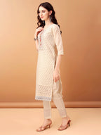 Schiffli & Embroidered Kurta With Pant & Dupatta, Cream - Hiral Fashion - Distacart