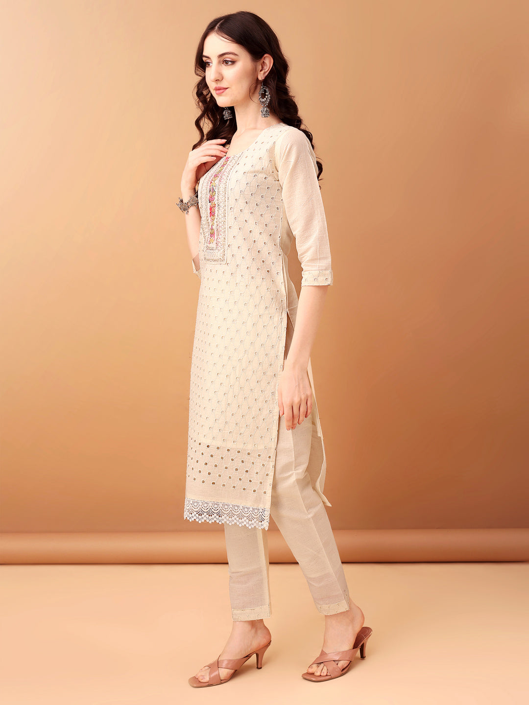 Schiffli & Embroidered Kurta With Pant & Dupatta, Cream - Hiral Fashion - Distacart