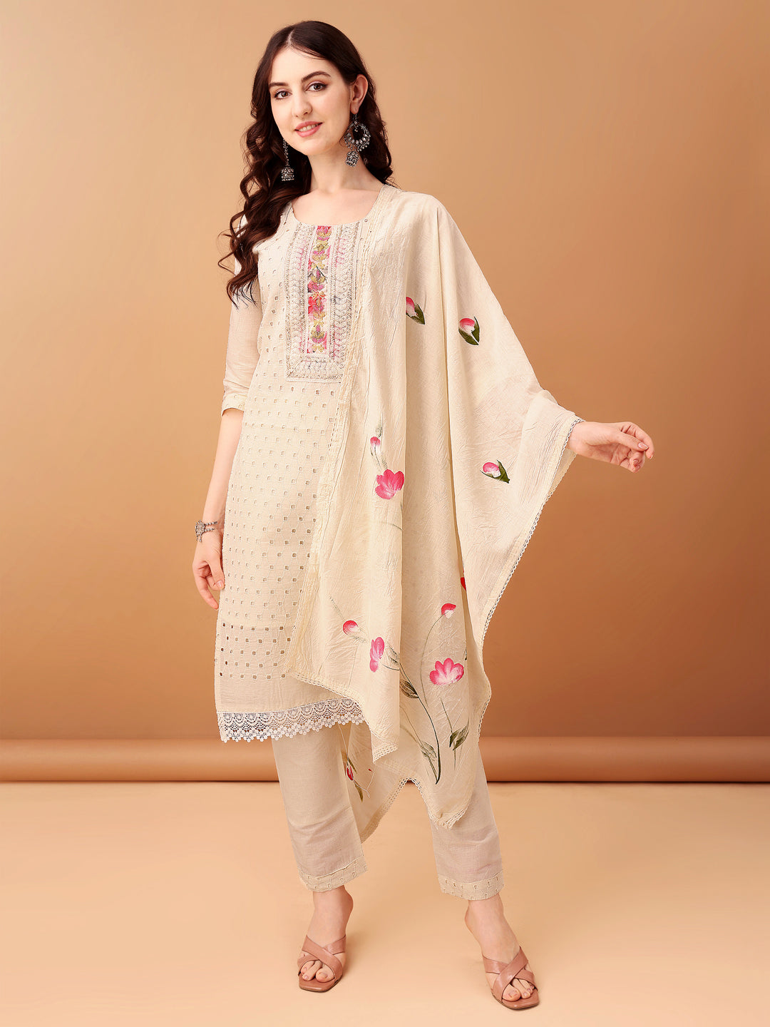 Schiffli & Embroidered Kurta With Pant & Dupatta, Cream - Hiral Fashion - Distacart