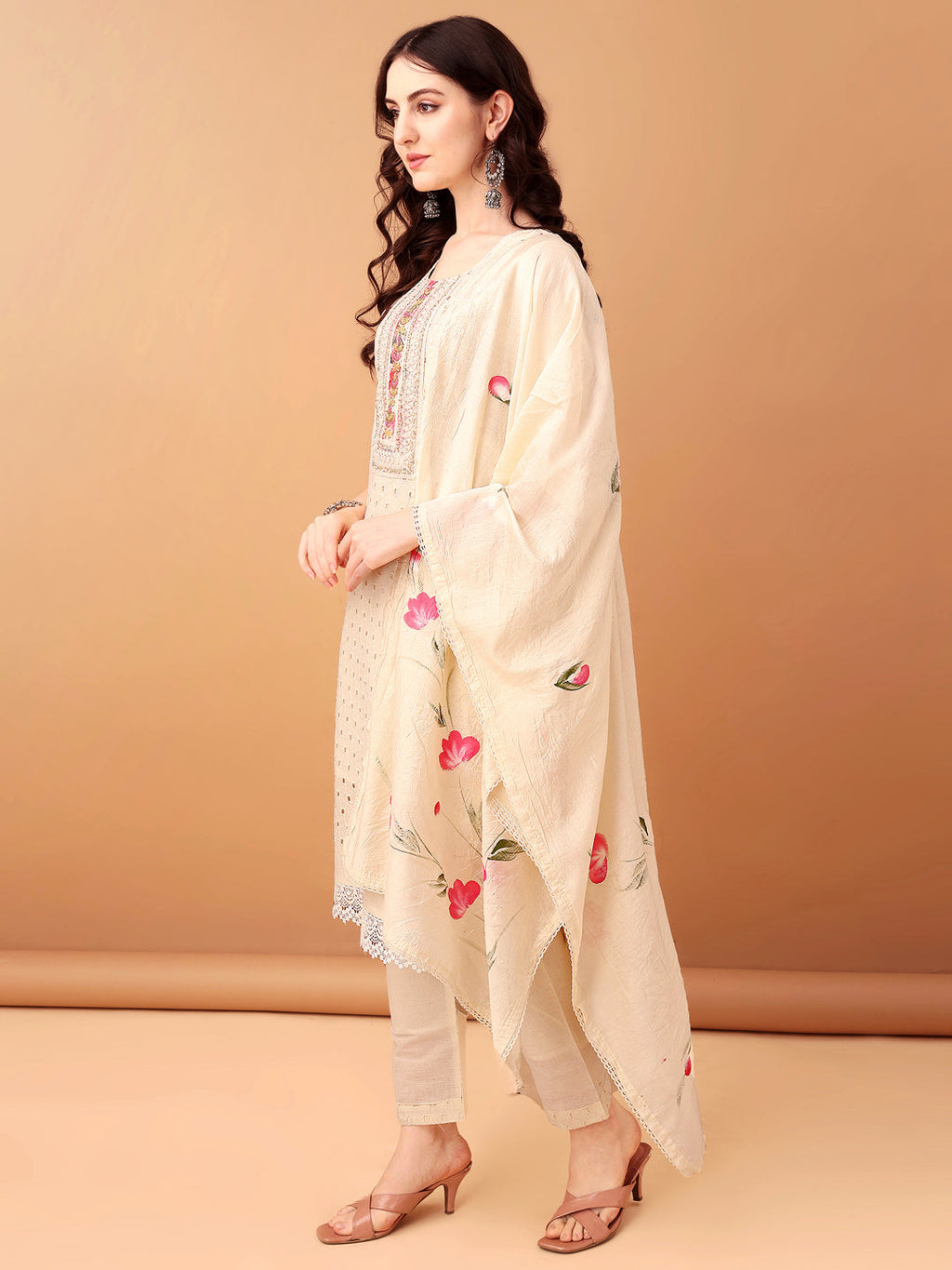 Schiffli & Embroidered Kurta With Pant & Dupatta, Cream - Hiral Fashion - Distacart