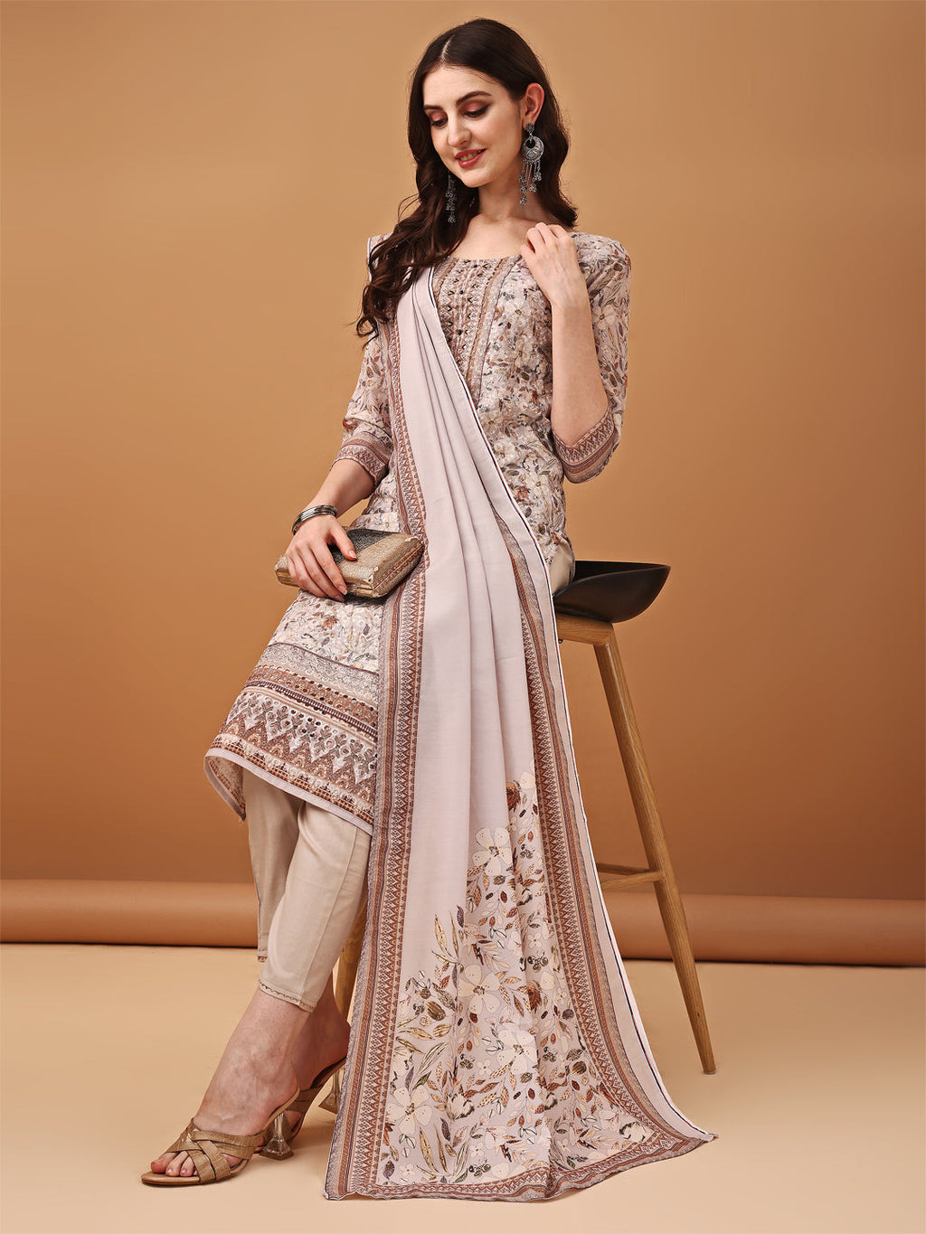 Hand Embroidered,Schiffli & Printed Kurta With Pant & Printed Dupatta, Brown - Hiral Fashion - Distacart