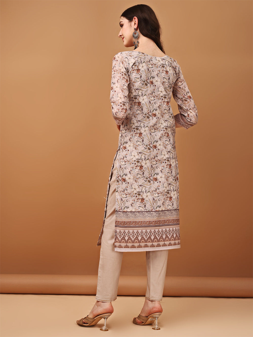 Hand Embroidered,Schiffli & Printed Kurta With Pant & Printed Dupatta, Brown - Hiral Fashion - Distacart