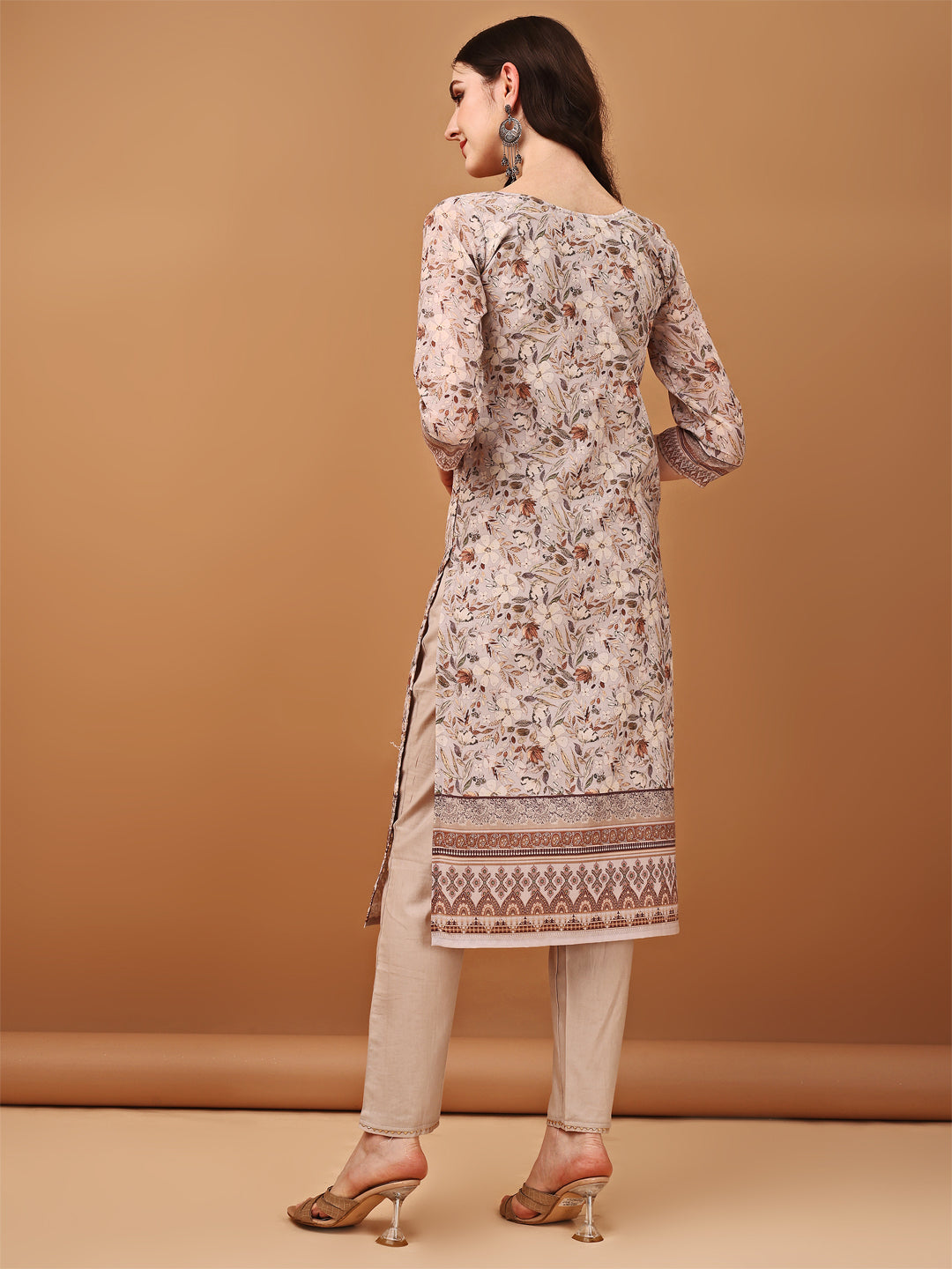 Hand Embroidered,Schiffli & Printed Kurta With Pant & Printed Dupatta, Brown - Hiral Fashion - Distacart