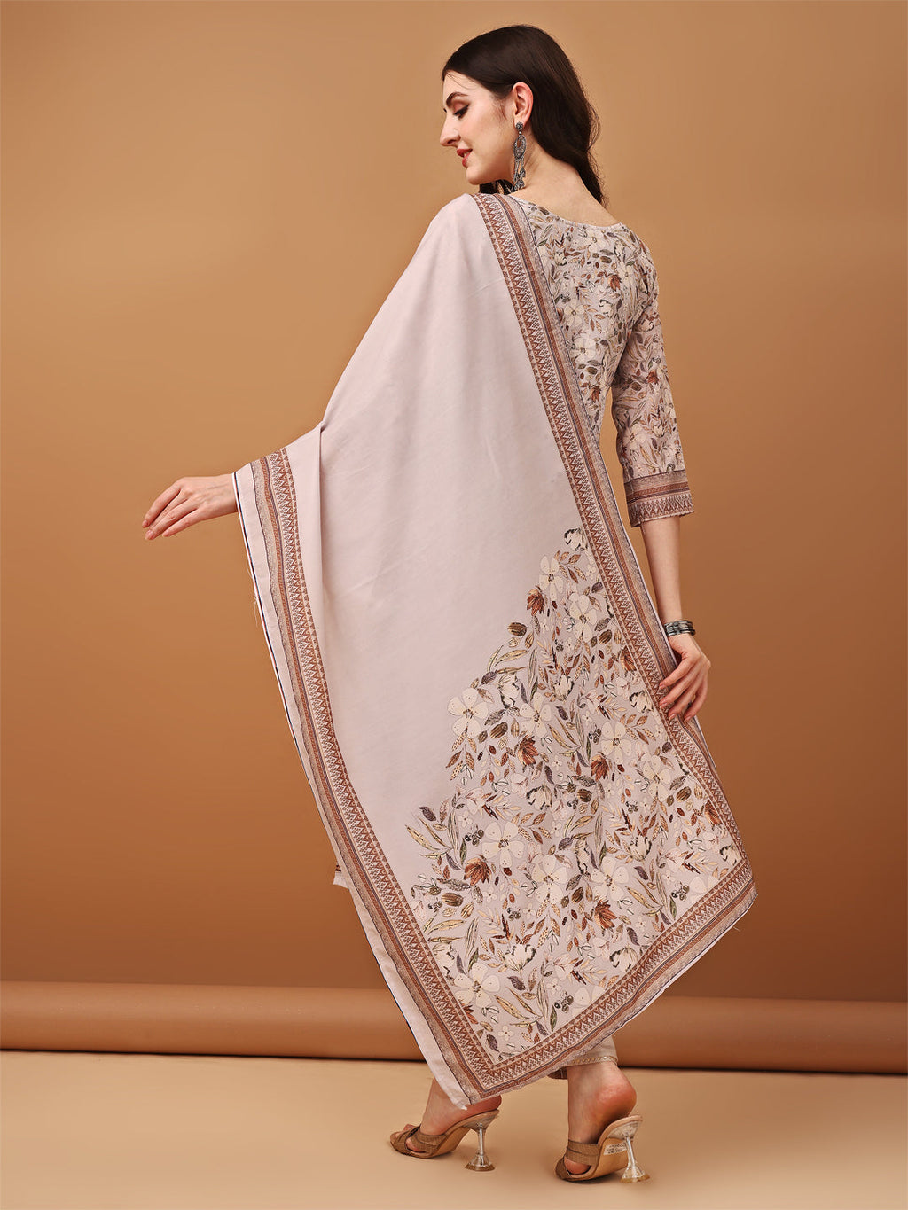 Hand Embroidered,Schiffli & Printed Kurta With Pant & Printed Dupatta, Brown - Hiral Fashion - Distacart