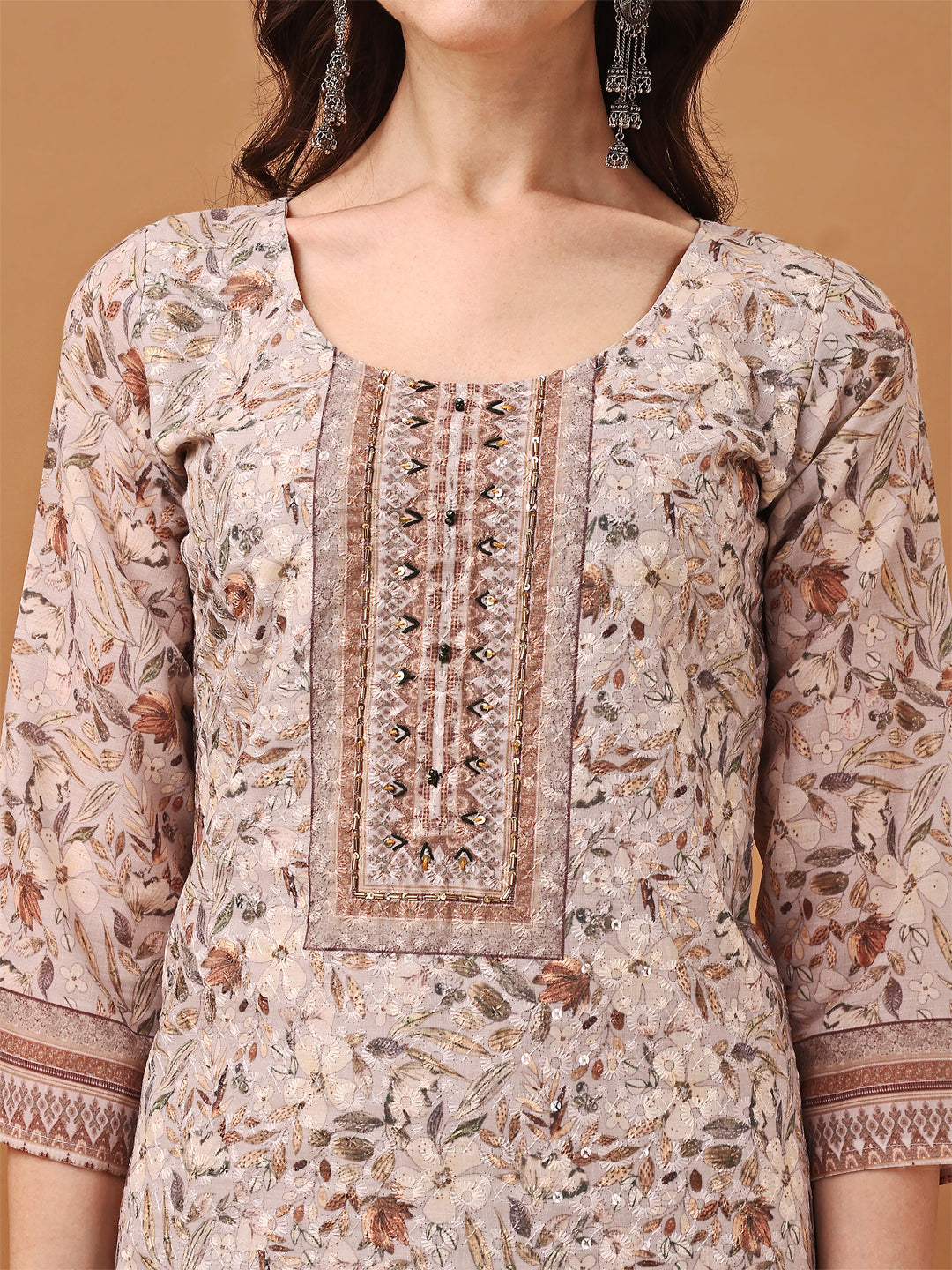 Hand Embroidered,Schiffli & Printed Kurta With Pant & Printed Dupatta, Brown - Hiral Fashion - Distacart