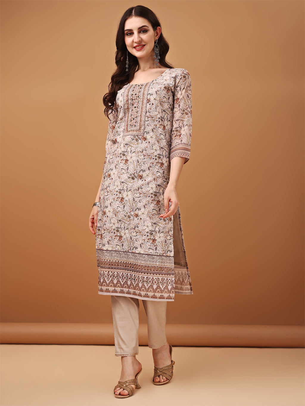 Hand Embroidered,Schiffli & Printed Kurta With Pant & Printed Dupatta, Brown - Hiral Fashion - Distacart