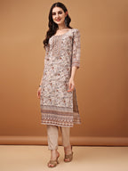 Hand Embroidered,Schiffli & Printed Kurta With Pant & Printed Dupatta, Brown - Hiral Fashion - Distacart