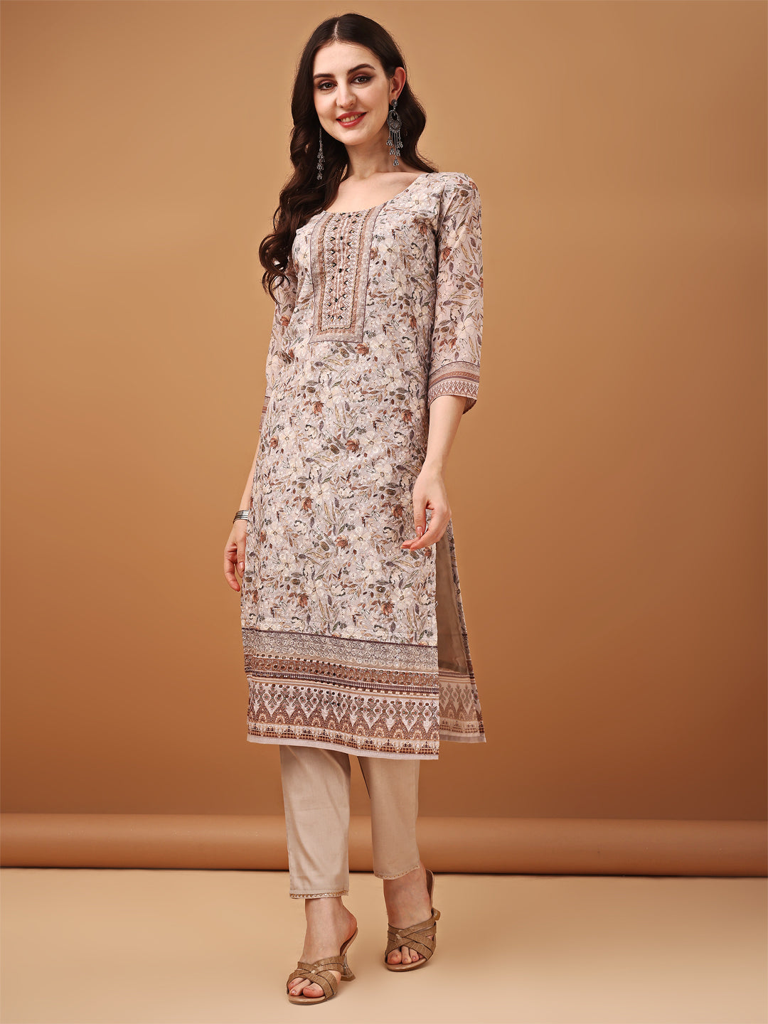 Hand Embroidered,Schiffli & Printed Kurta With Pant & Printed Dupatta, Brown - Hiral Fashion - Distacart
