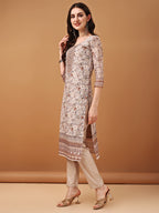 Hand Embroidered,Schiffli & Printed Kurta With Pant & Printed Dupatta, Brown - Hiral Fashion - Distacart