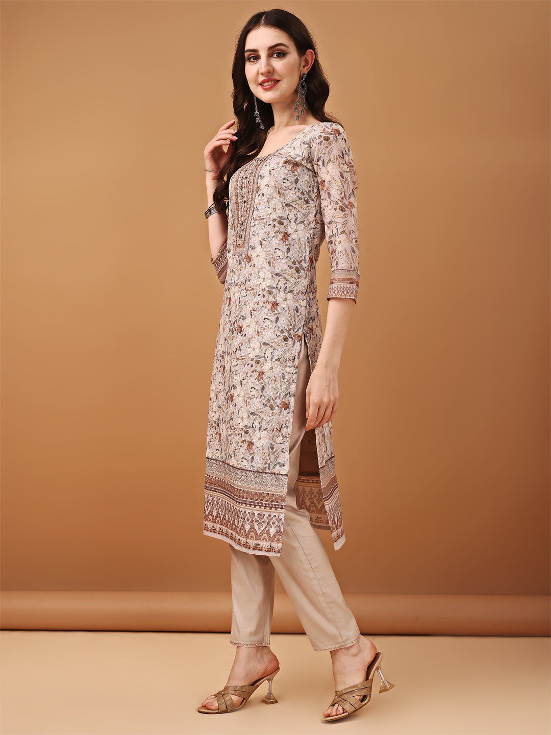 Hand Embroidered,Schiffli & Printed Kurta With Pant & Printed Dupatta, Brown - Hiral Fashion - Distacart