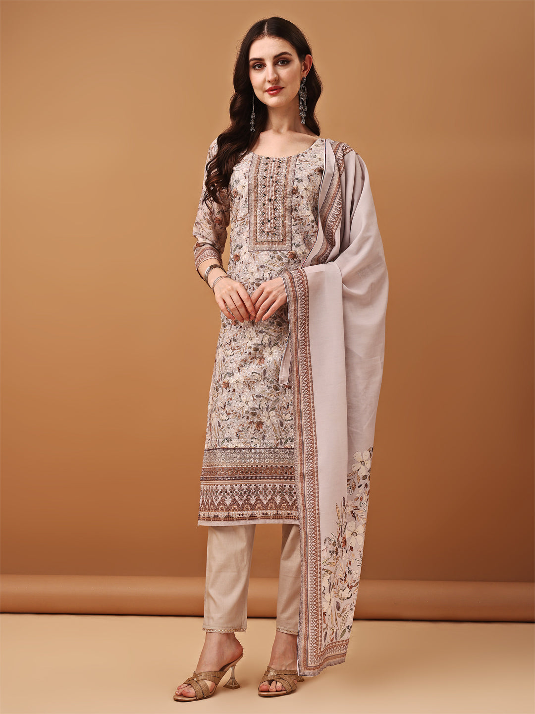 Hand Embroidered,Schiffli & Printed Kurta With Pant & Printed Dupatta, Brown - Hiral Fashion - Distacart