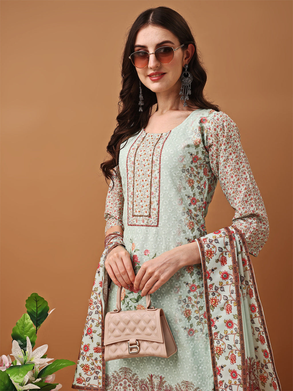 Hand Embroidered,Schiffli & Printed Kurta With Pant & Printed Dupatta, Green - Hiral Fashion - Distacart