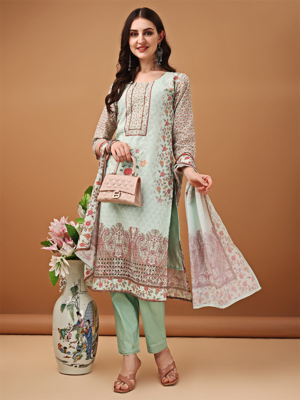 Hand Embroidered,Schiffli & Printed Kurta With Pant & Printed Dupatta, Green - Hiral Fashion - Distacart