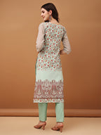 Hand Embroidered,Schiffli & Printed Kurta With Pant & Printed Dupatta, Green - Hiral Fashion - Distacart