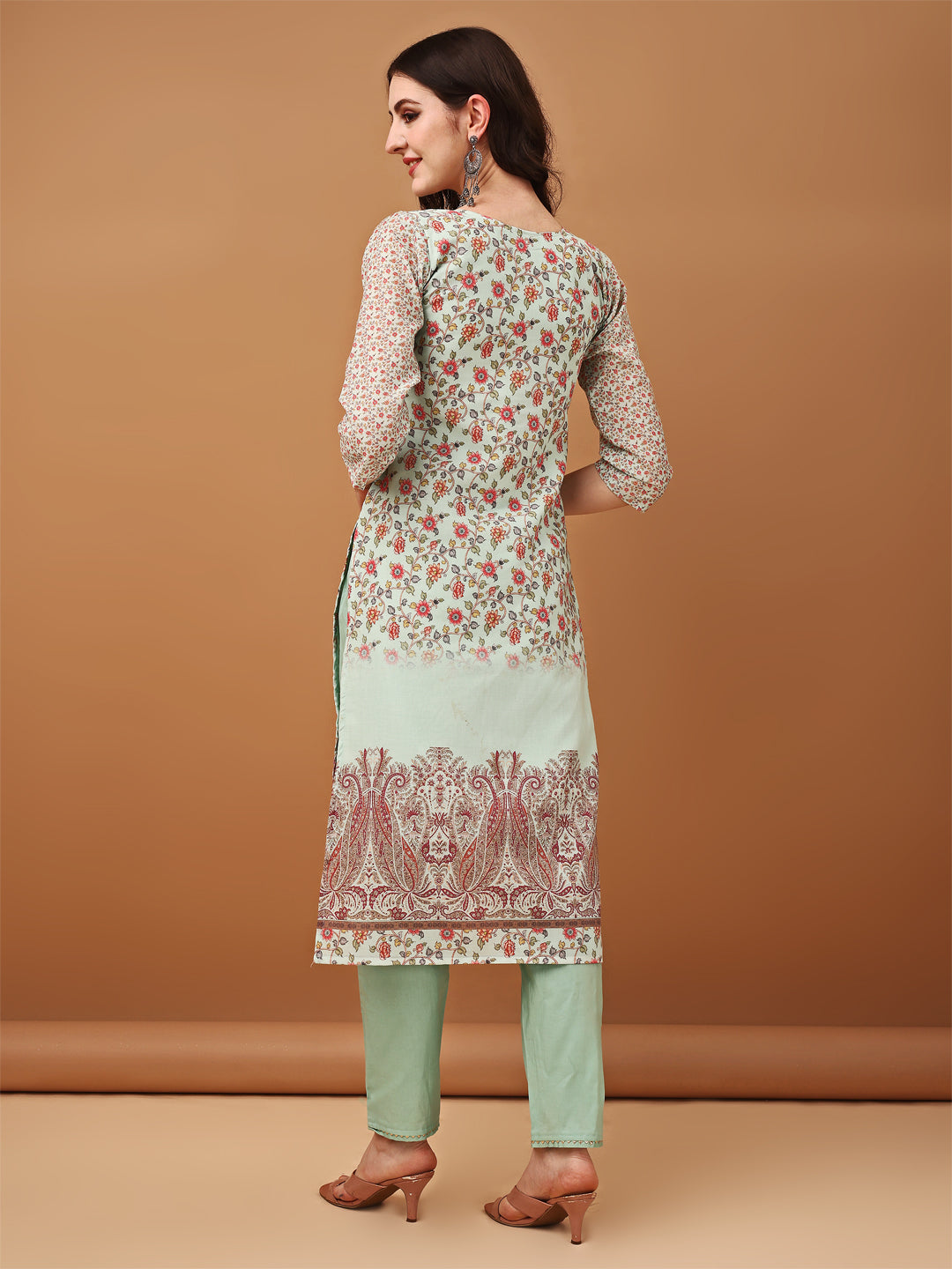 Hand Embroidered,Schiffli & Printed Kurta With Pant & Printed Dupatta, Green - Hiral Fashion - Distacart