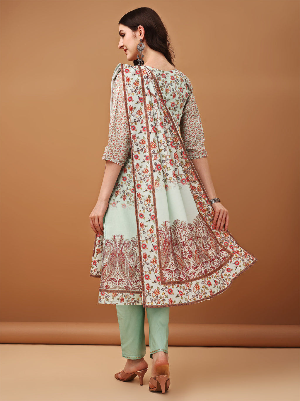 Hand Embroidered,Schiffli & Printed Kurta With Pant & Printed Dupatta, Green - Hiral Fashion - Distacart