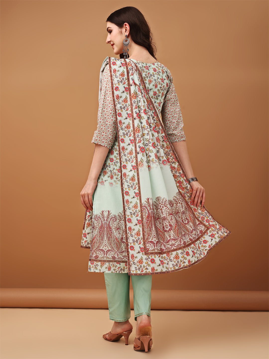 Hand Embroidered,Schiffli & Printed Kurta With Pant & Printed Dupatta, Green - Hiral Fashion - Distacart