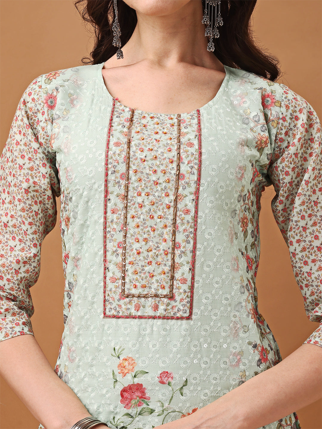 Hand Embroidered,Schiffli & Printed Kurta With Pant & Printed Dupatta, Green - Hiral Fashion - Distacart